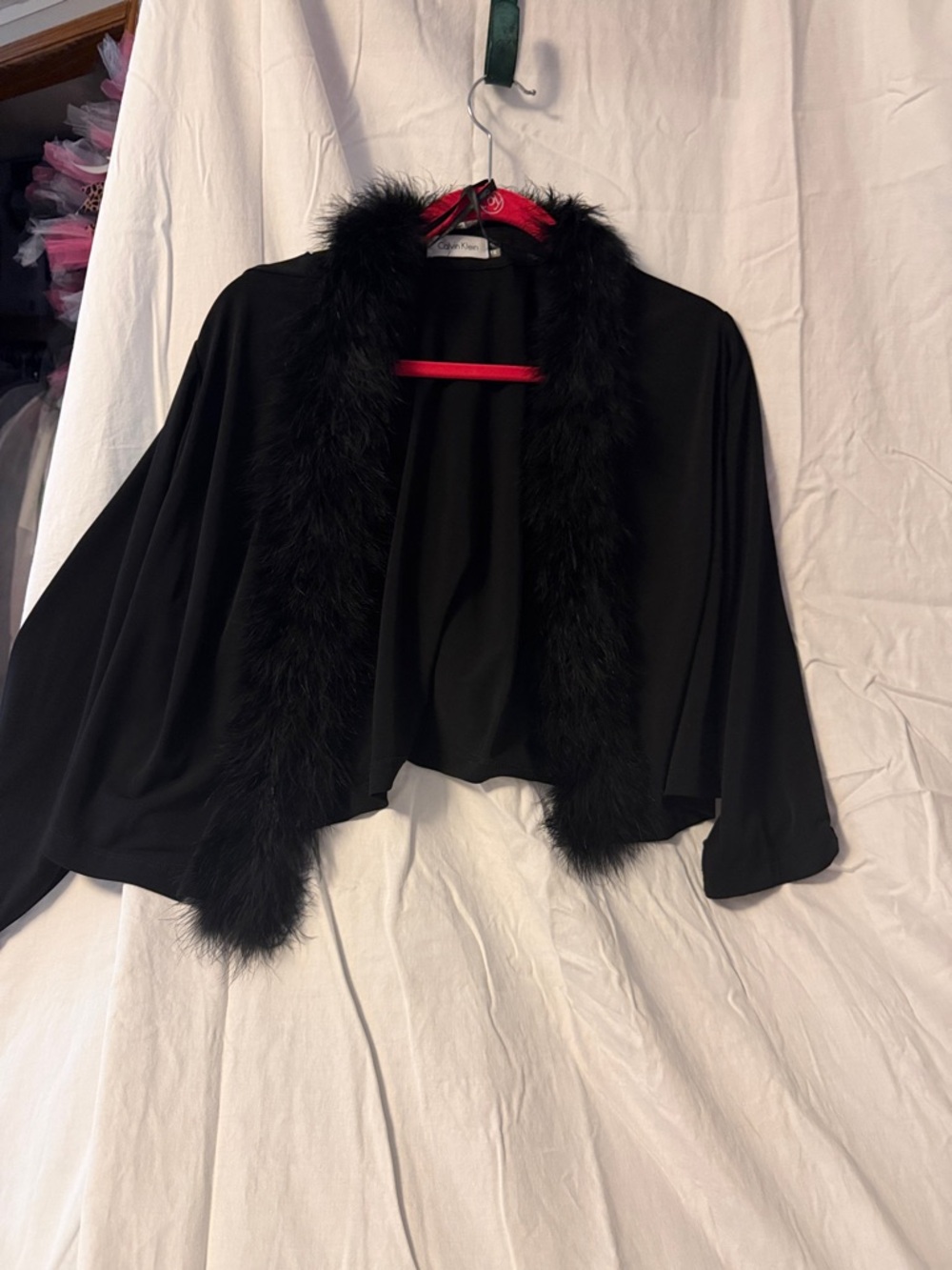 Calvin Klein Black Faux-Fur Trim Open Shrug